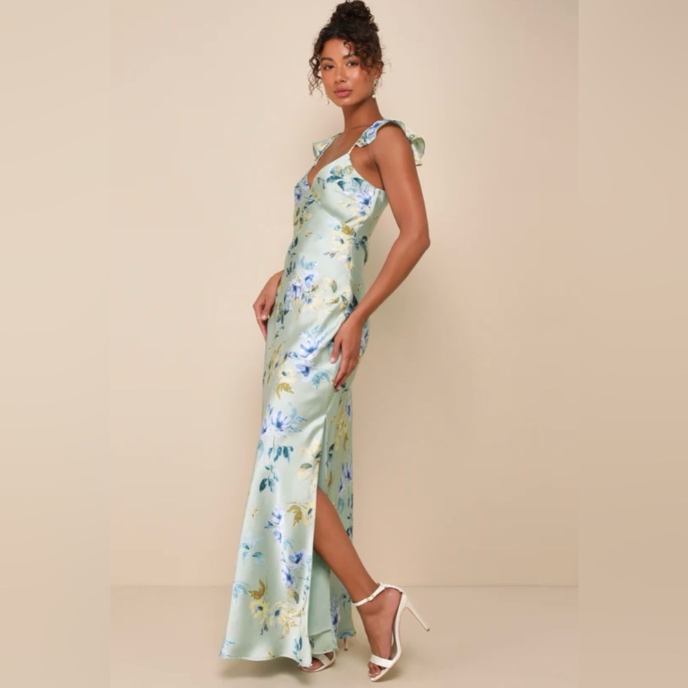 Floral Satin V-Neck Maxi Dress in Pale Mint - Picture 3 of 5